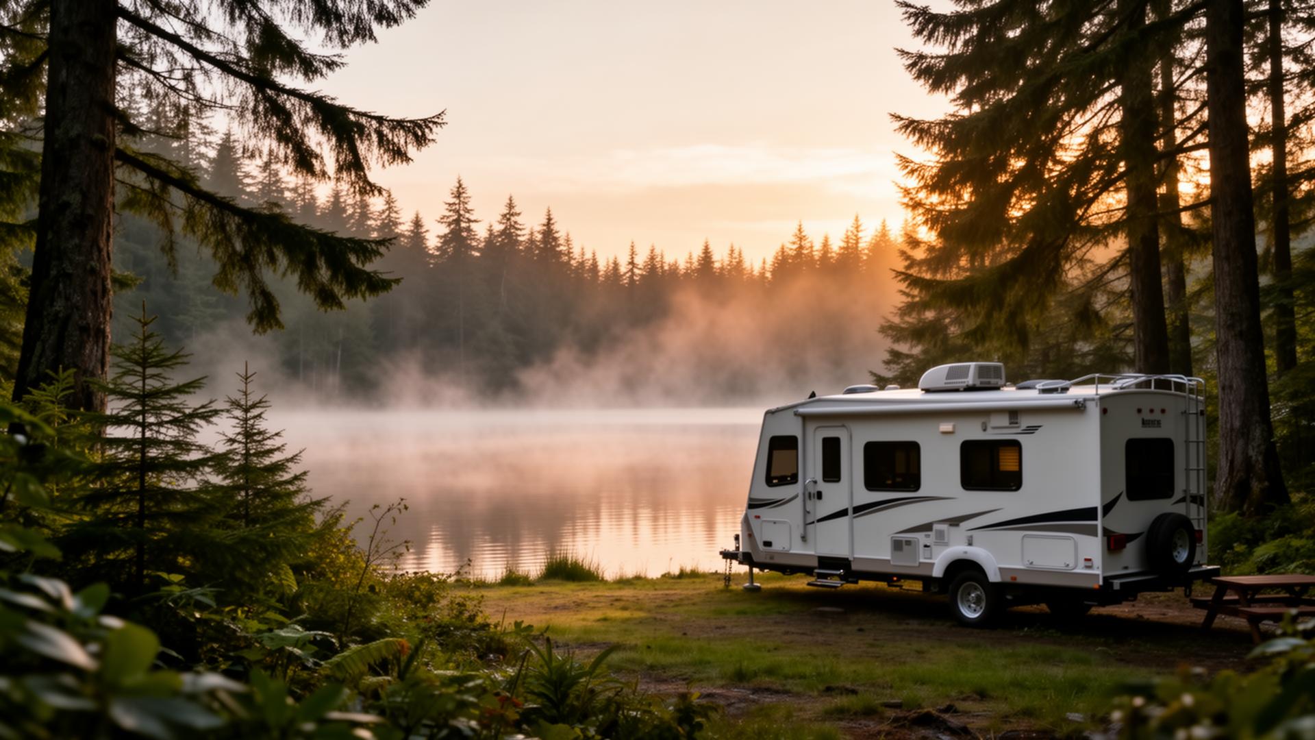 Travel trailer parked beside a misty Pacific Northwest lake at dawn