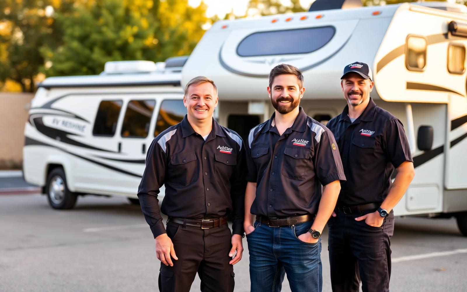 Off Grid RV Service technicians in front of a motorhome