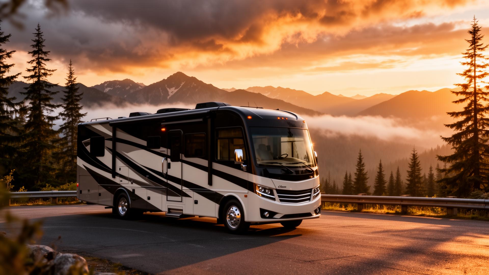 Class A motorhome at a Pacific Northwest mountain overlook at golden hour